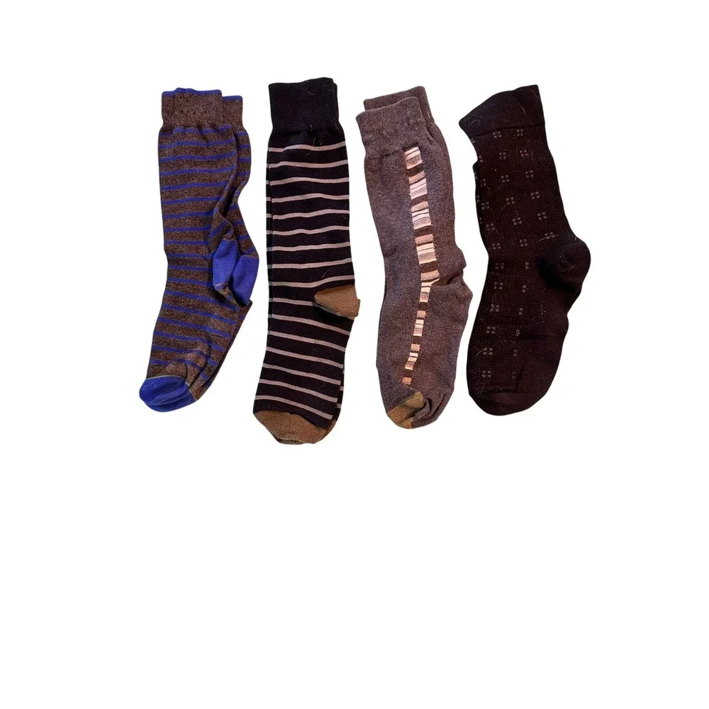 Mens Crew Dress Socks Bundle 4 Pairs‎ Striped Geometric Pattern Brown Black Blue